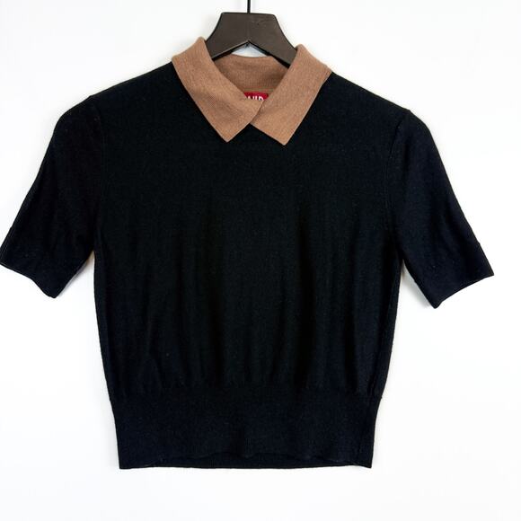 Staud Acord Sweater Top Contrast Collar Wool Blend Black - S - Picture 1 of 8